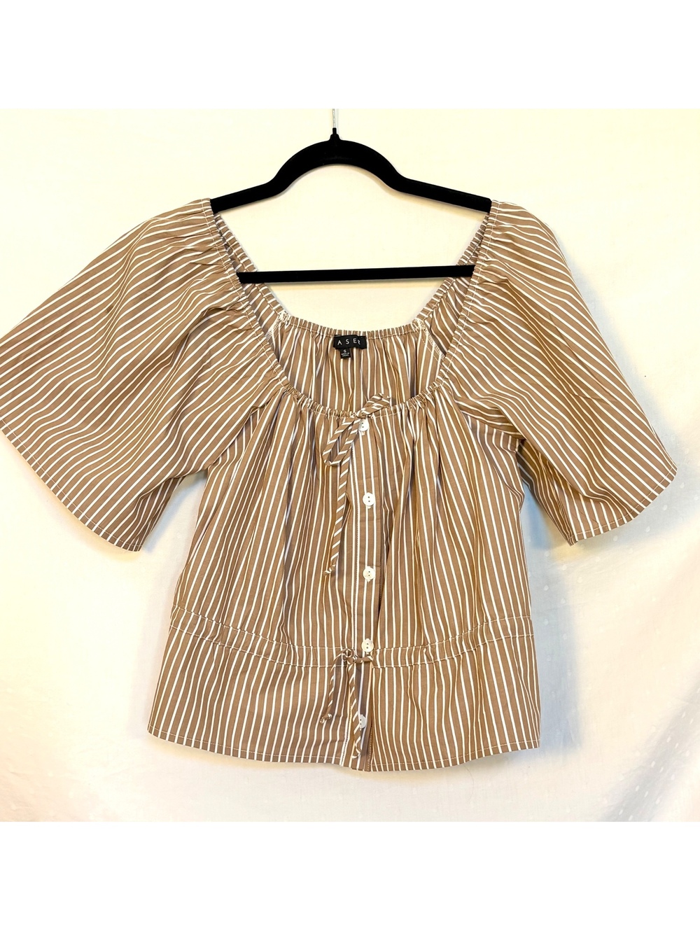 CHASER Women’s Small Brown White Stripe Square Neck Tie-Waist Blousem